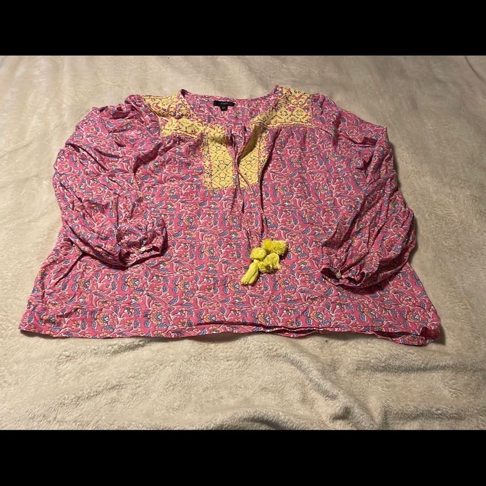 JCrew Blouse - pink and yellow tassel front tie